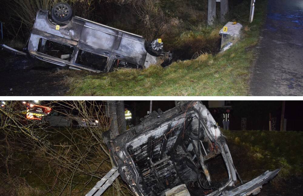 Foto: Opitý muž z Haligoviec mal nezvládnuť jazdu a naraziť autom do betónovej prekážky, celé auto zhorelo