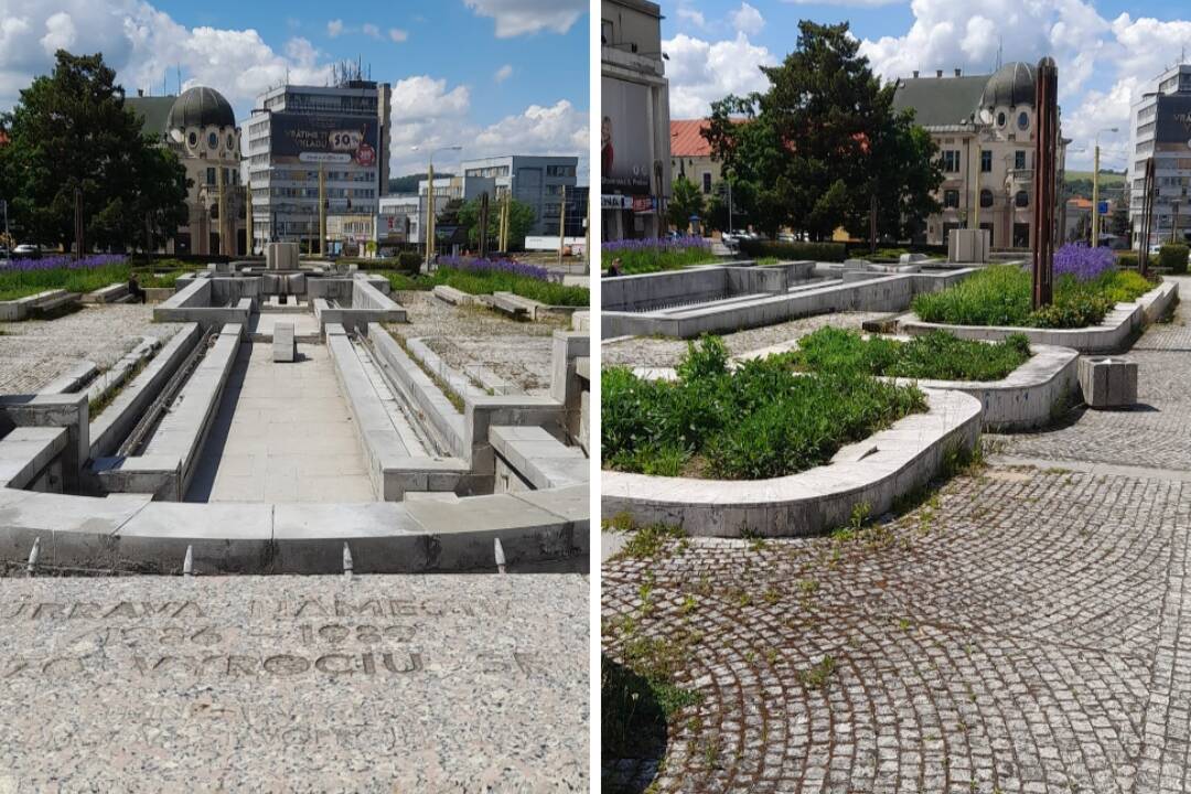 Foto: Smutný pohľad na perlu Prešova. Spievajúca fontána je v tichosti a bez vody