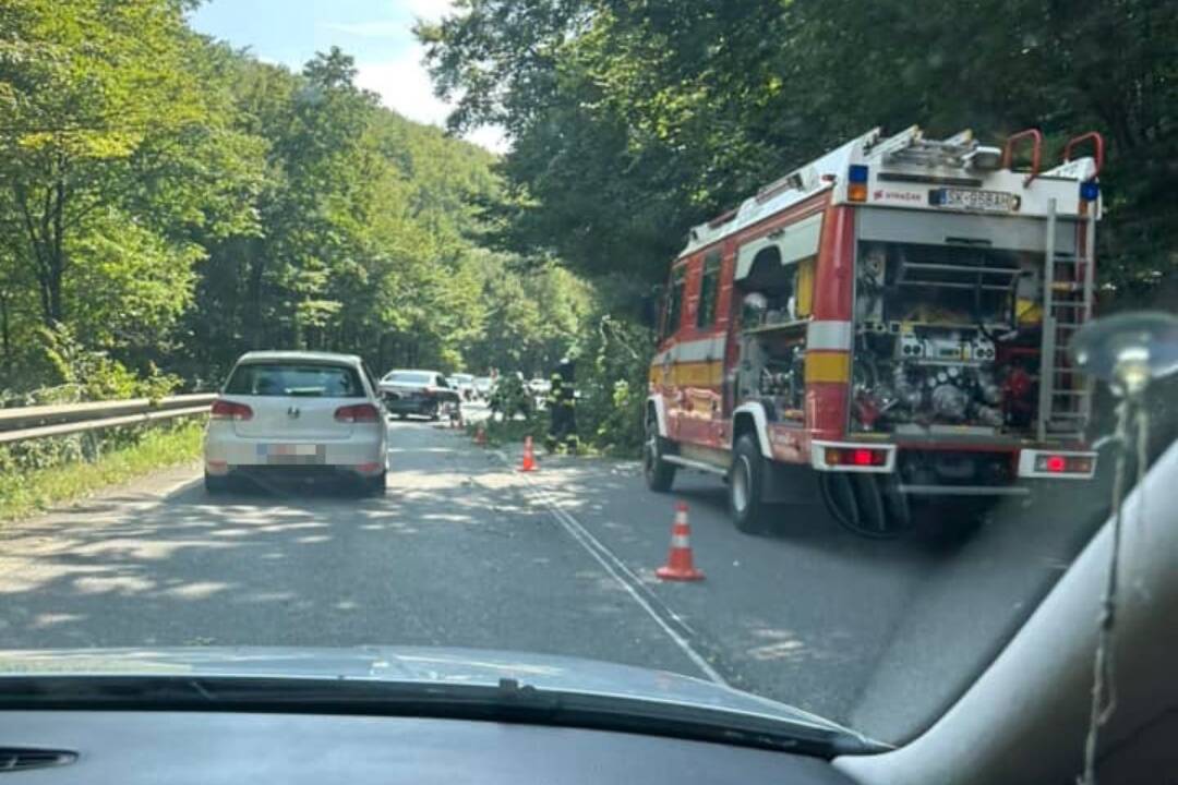 Foto: V Chmeľove smerom na Giraltovce sa tvoria kolóny. V úseku mal spadnúť strom