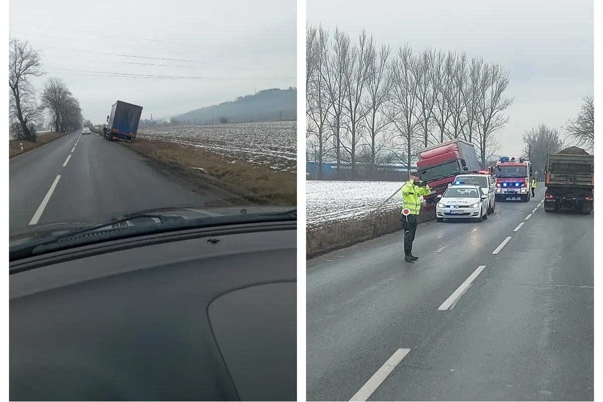 Foto: Na výjazde z Kežmarku na Strážky sa pripravte na obmedzenie. Nachádza sa tam nákladné auto mimo cesty